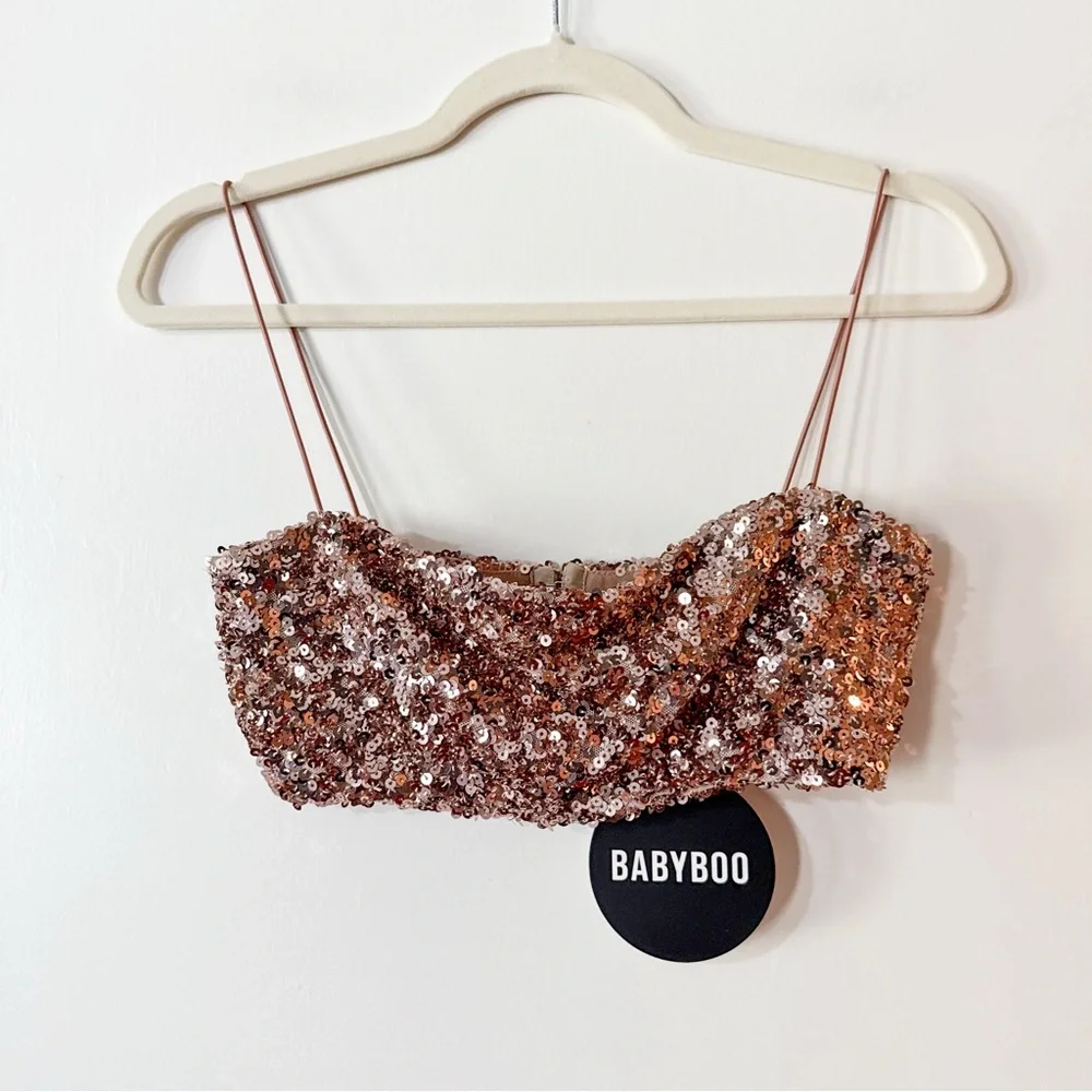 Babyboo Melissa Top & Skirt Set Sequin Bronze Crop Mini Size Small NWT